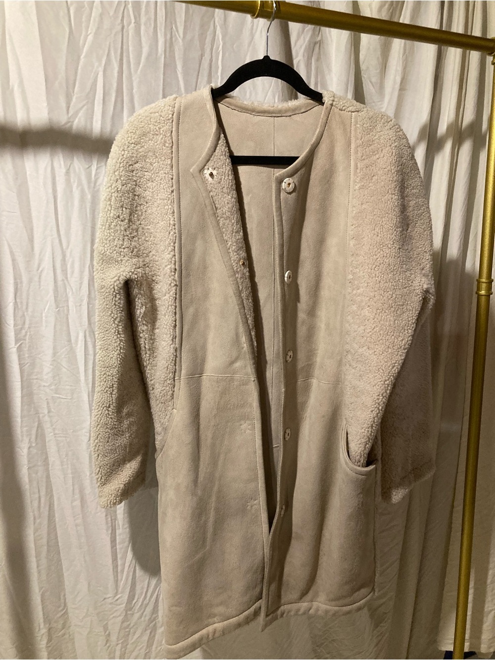 Yves Salomon Cream Sherpa & Suede Long Coat